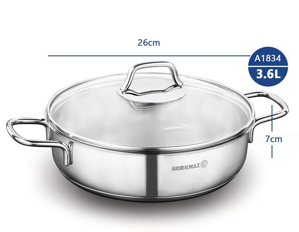 Nồi lẩu inox korkmaz perla a1834 26cm 3. 6 lít 8 Nồi lẩu nấu bếp từ inox cao cấp thân thấp Korkmaz Perla 26cm