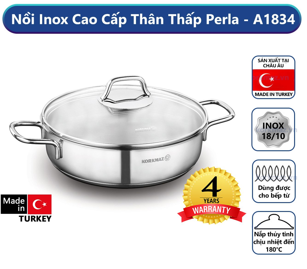 Nồi lẩu inox korkmaz perla a1834 26cm 3. 6 lít 12 2 quai cầm bằng inox chắc chắn an toàn