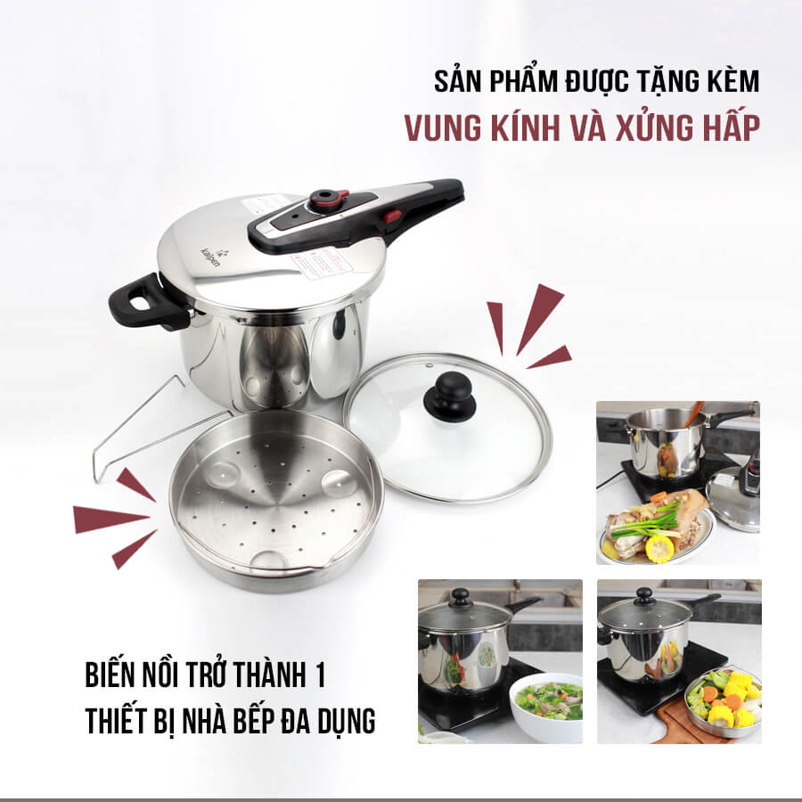 Nồi áp suất inox kalpen p2 6l 7 phụ kiện đa năng