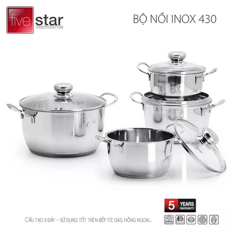 Bộ nồi inox 430 fivestar fsb4001 4 chiếc vung kính 2 Bộ nồi inox 430 Fivestar FSB4001