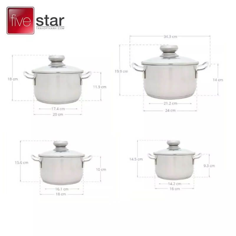 Bộ nồi inox 430 fivestar fsb4001 4 chiếc vung kính 4 Bộ 4 nồi kích cỡ khác nhau