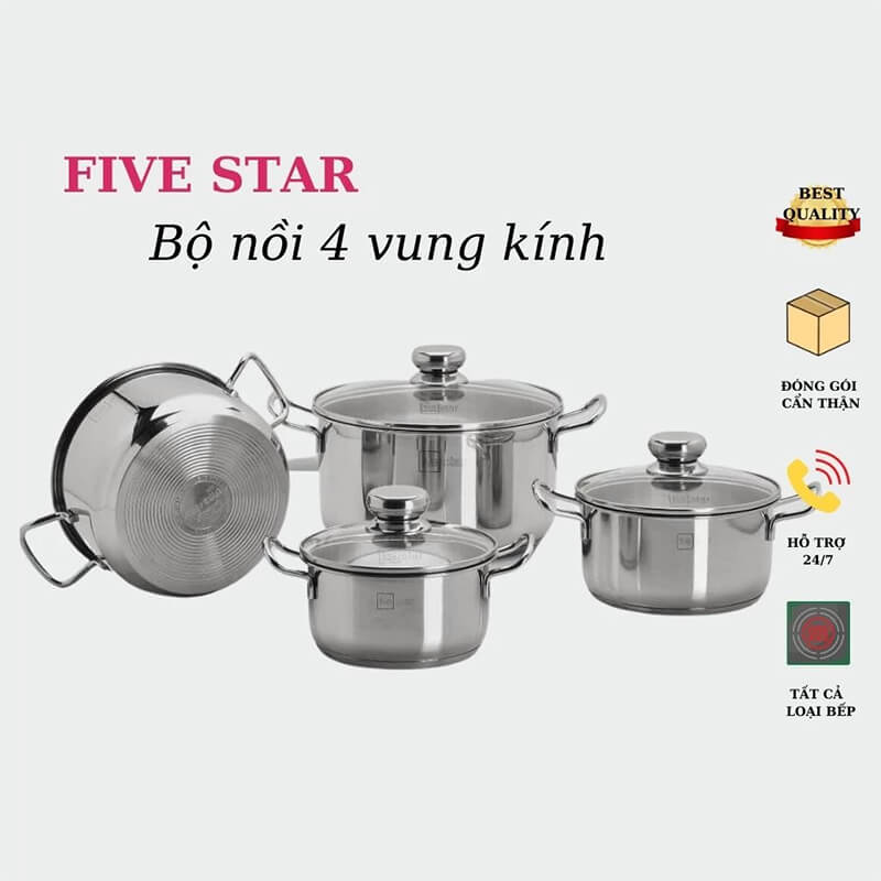 Bộ nồi inox 430 fivestar fsb4001 4 chiếc vung kính 5 Inox 430 cao cấp bền bỉ, an toàn, sáng bóng lâu dài