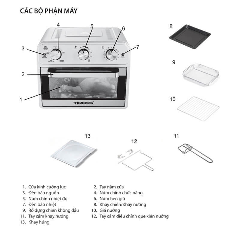 Lò chiên nướng không dầu tiross ts9605 21l 4 các bộ phận máy